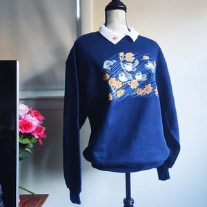 vintage 90s navy blue autumn bird print knit collared novelty graphic sweater m